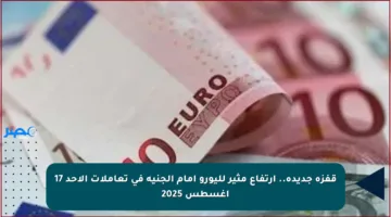 قفزة جديدة.. ارتفاع مثير لليورو أمام الجنيه في تعاملات الأحد 17 أغسطس 2025